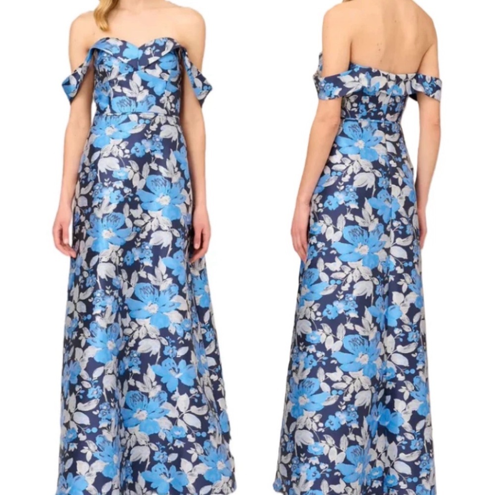 Aidan Mattox Navy and Blue Floral Off-Shoulder size 6 formal dress - Picture 4 of 9